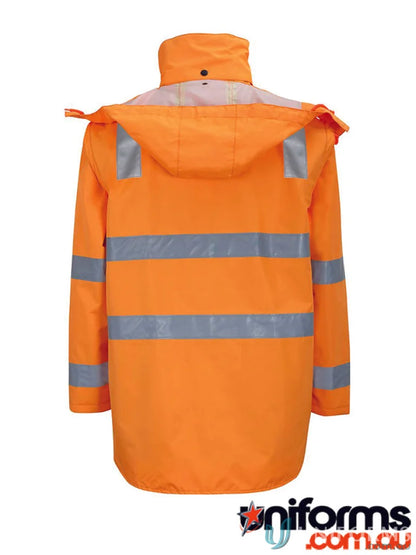 Orange high-visibility rain jacket with reflective tape, AUST Rail D/N Sleeve Longline Jacket