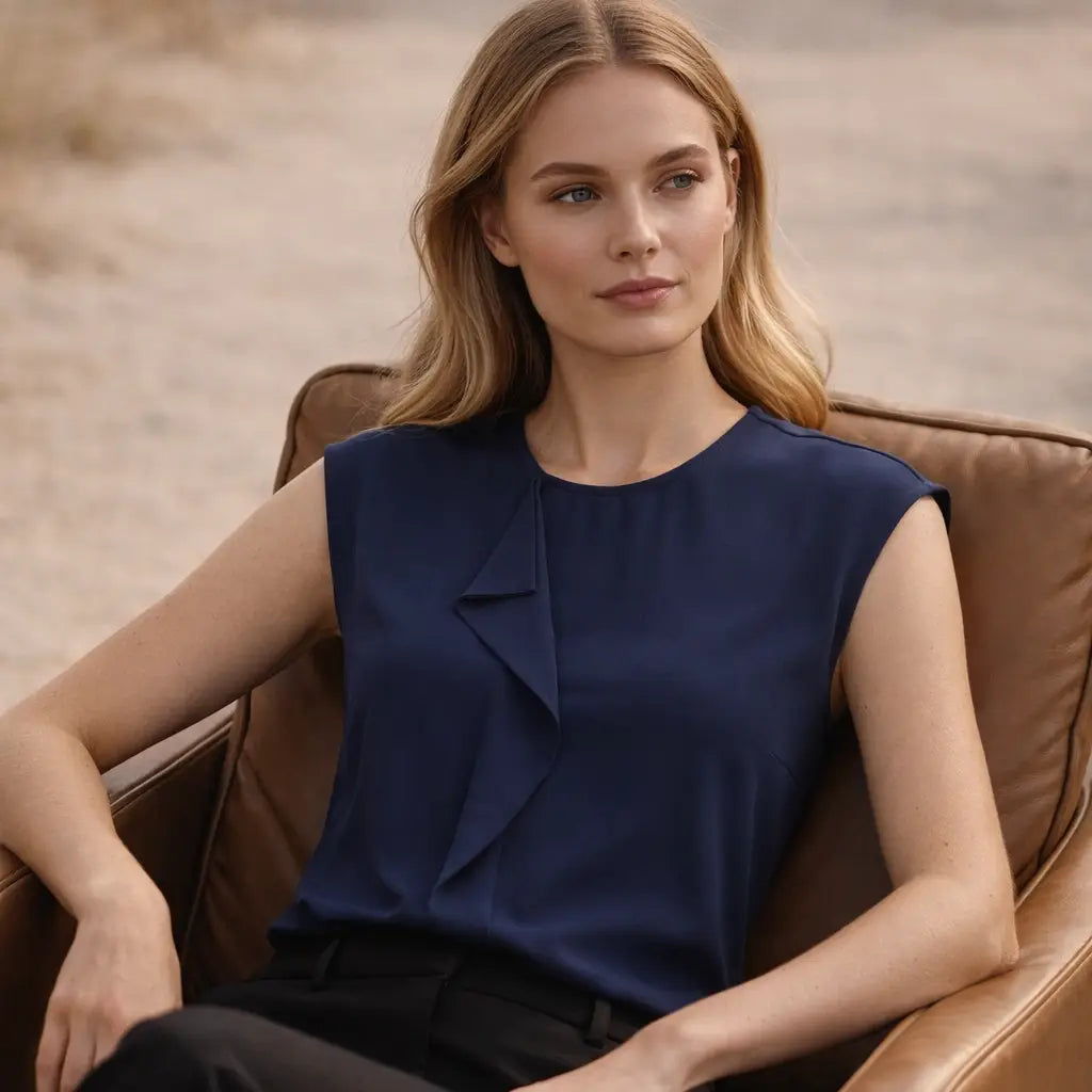 Woman wearing a blue sleeveless top sitting on a brown leather chair.