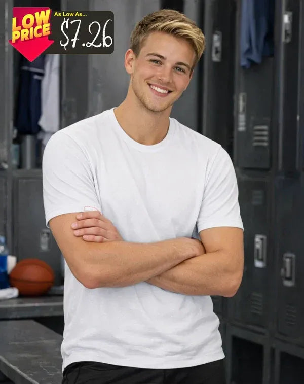 Man in a white t-shirt standing in front of lockers with a promotional banner for a low price.