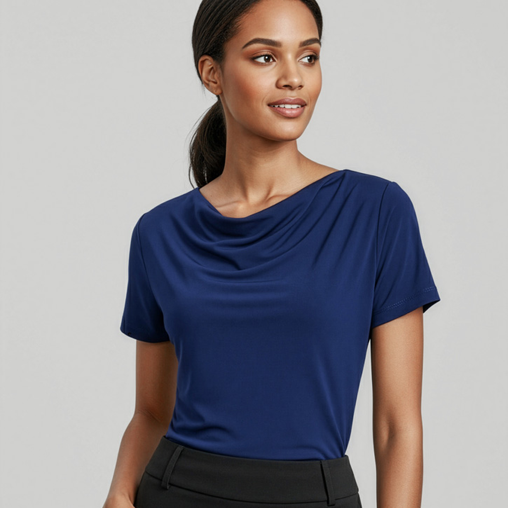 Ava ladies knit top in navy blue with softly draped neckline