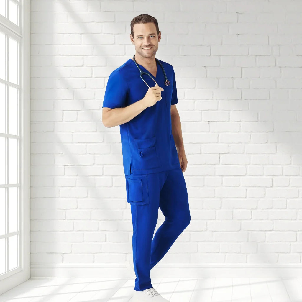 Biz Care Men’s Avery Straight Leg Scrub Pant in blue, short sleeve set