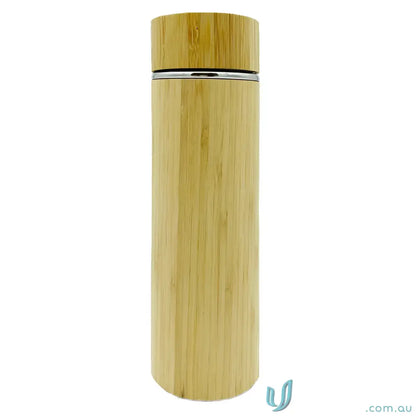 Cylindrical bamboo water bottle with stainless steel construction and two-piece tea strainer