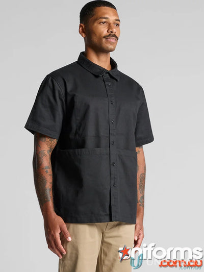 Black short-sleeved button-down Barbers Shirt by [manufacturer name], perfect for quality workwear