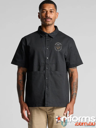 Black short-sleeved Barbers Shirt for quality workwear by [manufacturer name]