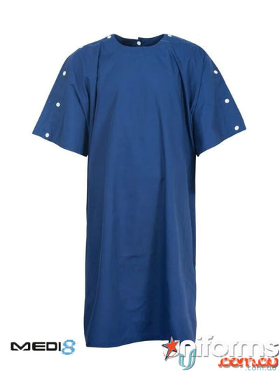 Blue bariatric gown with white snaps and shoulder studs for a professional look