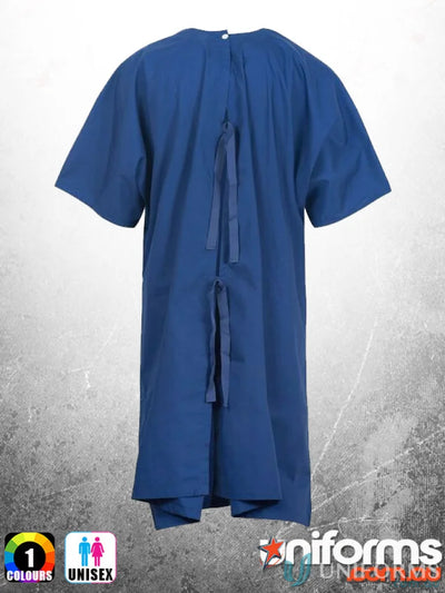 Blue bariatric gown with shoulder studs and tie closure for professional hospital look