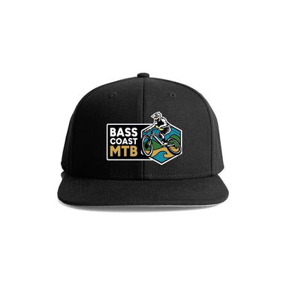 Black baseball cap with a colorful mountain biking logo.