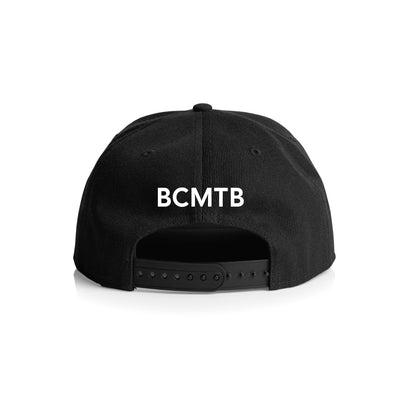 Black flat-brim baseball cap with a snapback closure.