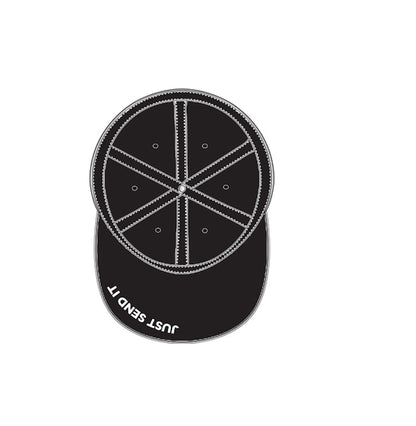 Black baseball cap with six panels and a curved brim.