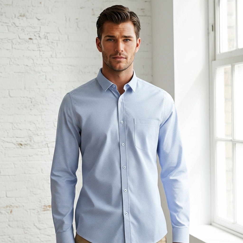 Beaumaris classic LS shirt in light blue textured fabric with chest pocket