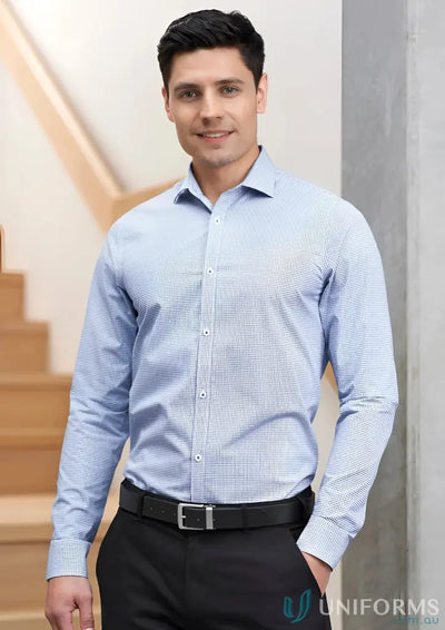 Man in a blue patterned Beaumaris Classic LS Shirt from Collection Bristol Classic for professional appearance