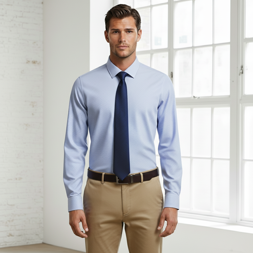 Beaumaris tailored long sleeve shirt in light blue with navy tie and khakis