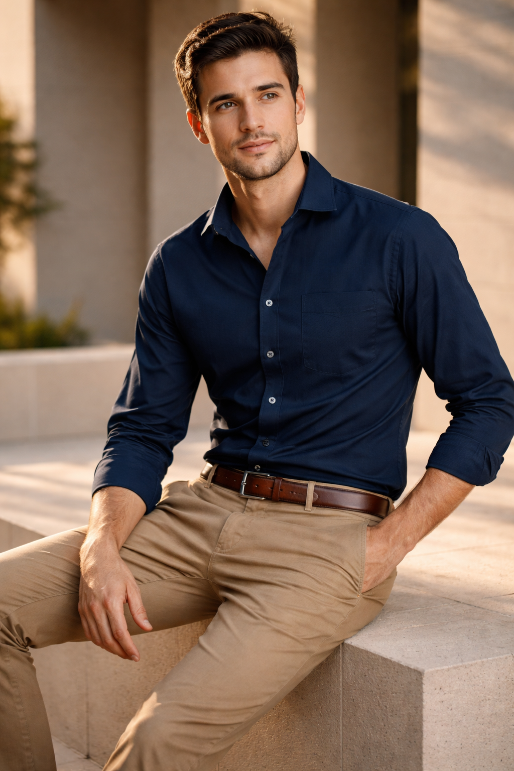 Bentleigh LS shirt in navy blue with modern narrow collar