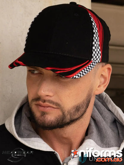 Black baseball cap with red flame embroidery and checkered panels from BHC Embroidery Printed Checks