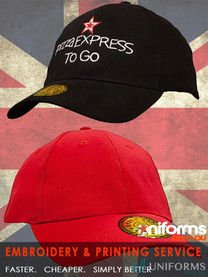 Two BHC FlexFit Caps in black and red, perfect for dream fit uniforms or workwear