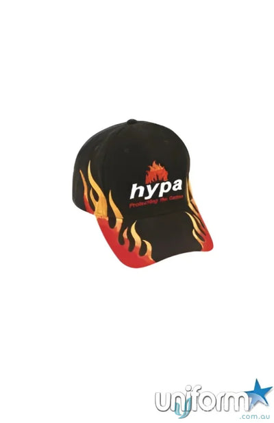 Black baseball cap with double flame design, perfect for uniforms and workwear style