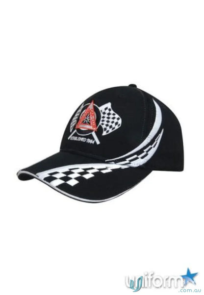 Black baseball cap with swirling checks and white stripe designs for uniforms or workwear