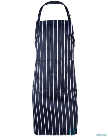 Winning spirit bib stripe apron with navy blue and white stripes and adjustable neck strap