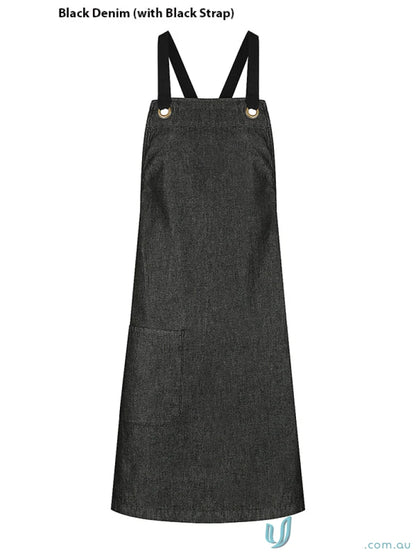 Billy Bib Apron made of cotton denim with black straps and a natural strap design