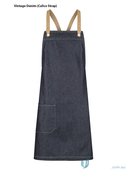 Billy Bib Apron in cotton denim with stylish calico straps and natural strap detail