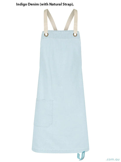 Light blue cotton denim Billy Bib Apron with natural strap for a stylish look