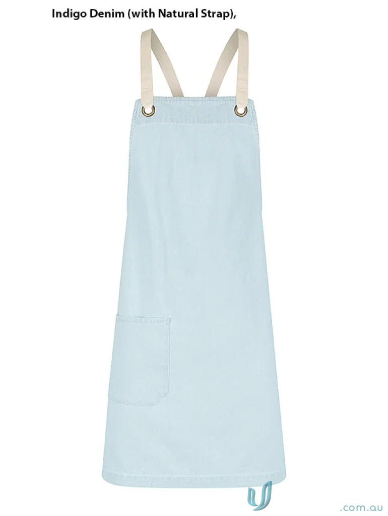 Light blue cotton denim Billy Bib Apron with natural strap for a stylish look