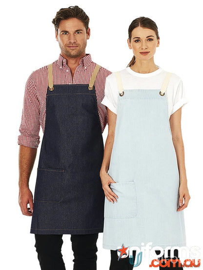 Billy Bib Apron with cotton denim and natural cross-back straps for style and comfort
