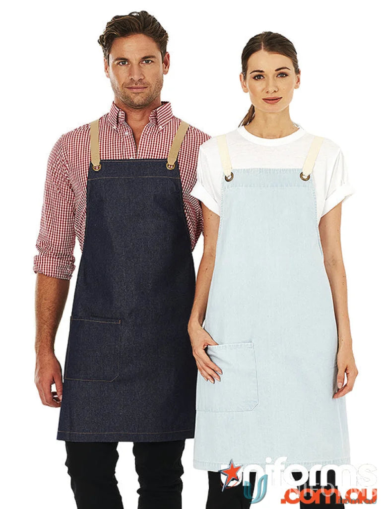 Billy Bib Apron with cotton denim and natural cross-back straps for style and comfort