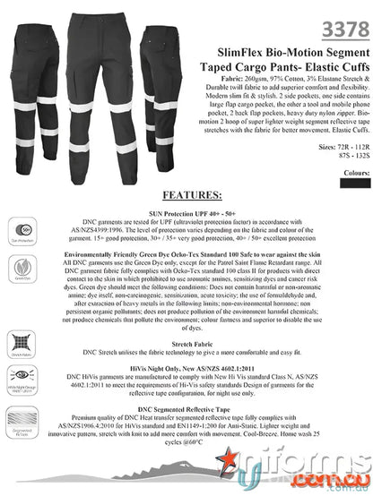 Dark work pants with reflective stripes from Bio-Motion Segmented Taped Cargo Pants featuring elastic cuffs SlimFlex