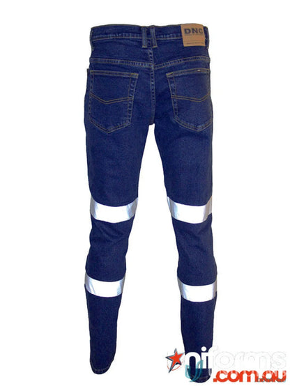 Blue denim work pants with reflective stripes from Bio Motion Taped Slimflex Denim collection