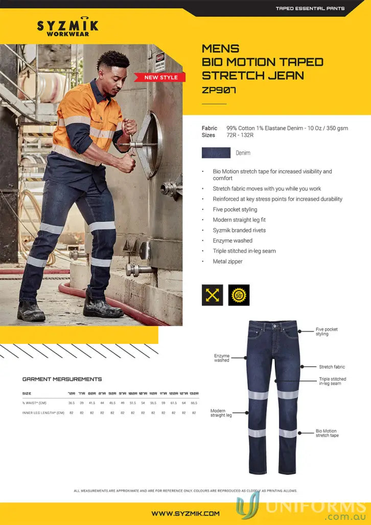 Men’s bio motion taped stretch workwear jeans with reflective tape for ultimate flexibility