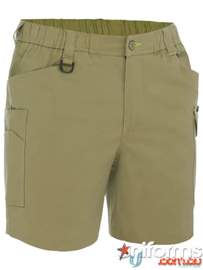Khaki cargo shorts with Bisley stretch cotton and elastic waist for a comfy fit