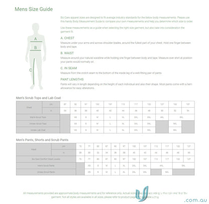 Men’s size guide for Biz Avery Straight Leg Scrub Pant from Biz Care Men’s