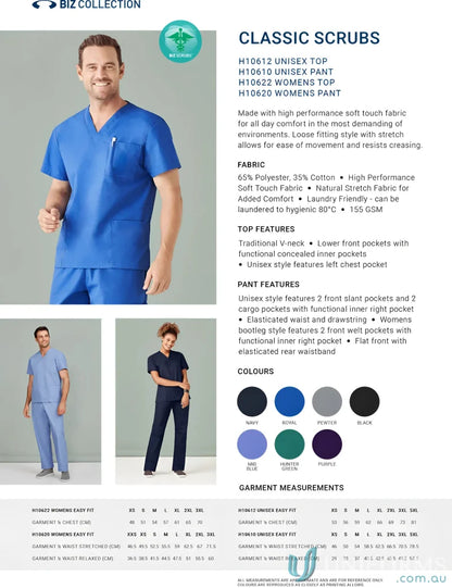 Medical scrub set ad featuring Biz Classic Unisex Cargo Scrub Pant from H10610 Biz Collection