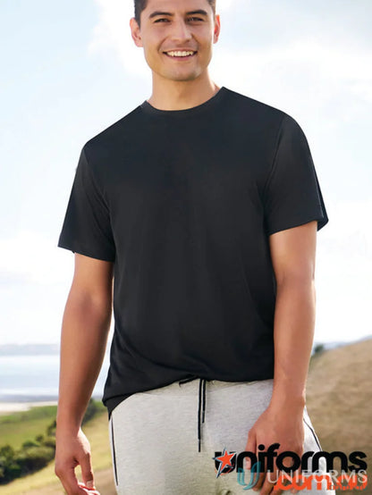 Black short-sleeved Biz Collection Action Tee, perfect for versatile sustainable uniform wear