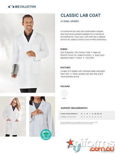 White Biz Collection Adult Lab Coat made of natural stretch fabric, lab coat H132ML