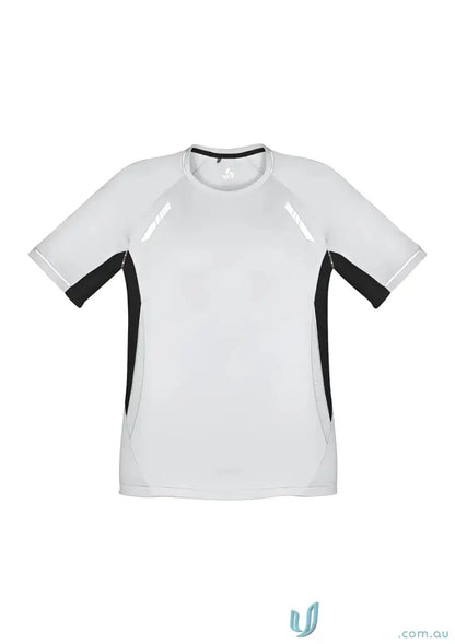 White and black athletic T-shirt from Biz Collection Renegade Tee, perfect for renegade short sleeve style