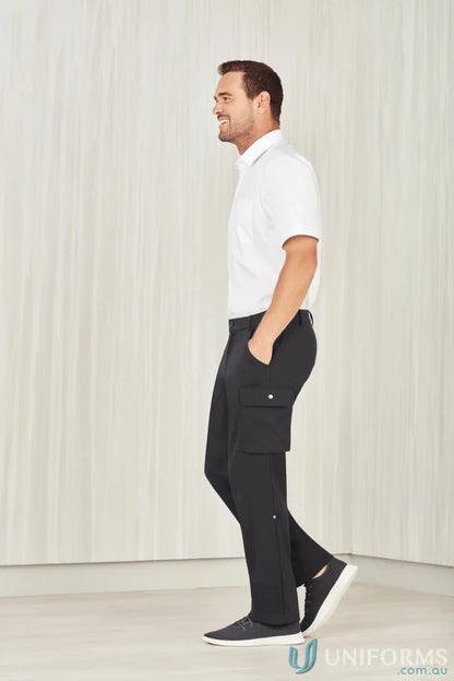 Men’s black comfort waist cargo pants with white polo shirt for healthcare workers