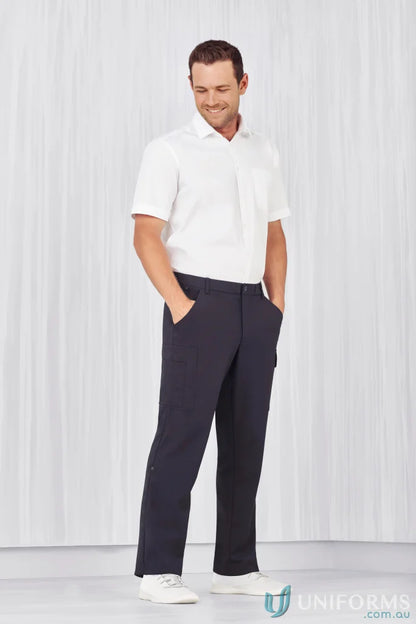 Men’s white polo shirt with comfort waist cargo pants for healthcare workers or aged care teams