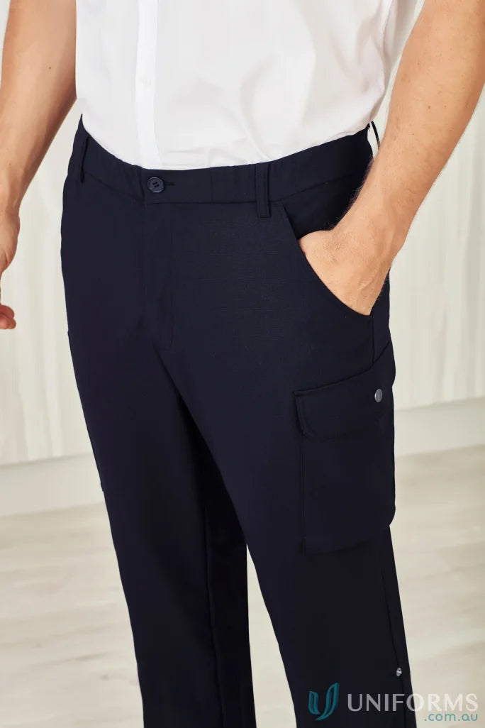 Men’s navy blue comfort waist cargo pants with side pockets for healthcare workers