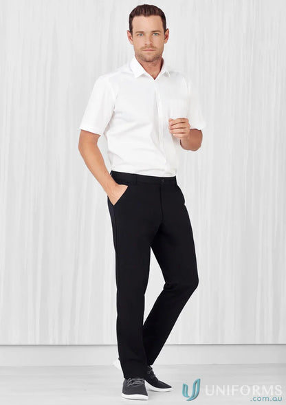 Men’s short-sleeved white polo with black trousers in Biz Comfort Waist Flat Front Pant style