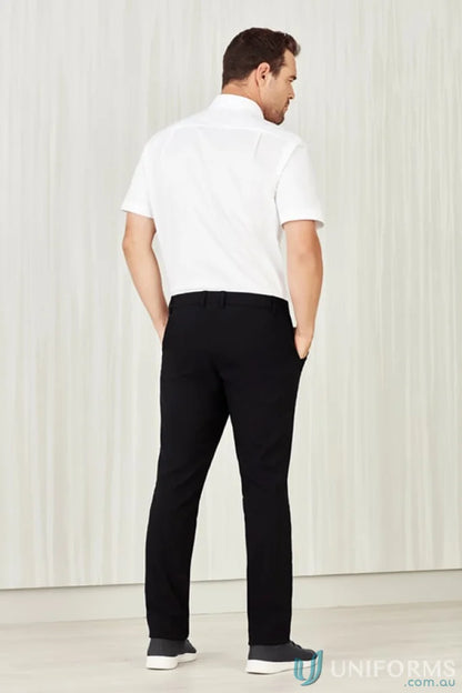 Men’s black trousers with white polo shirt from Biz Comfort Waist Flat Front Pant cl958ml