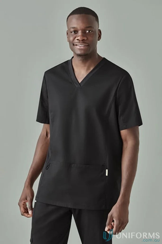 Black V-neck scrub top from Biz Riley V-Neck Scrub with stretch panels for comfort