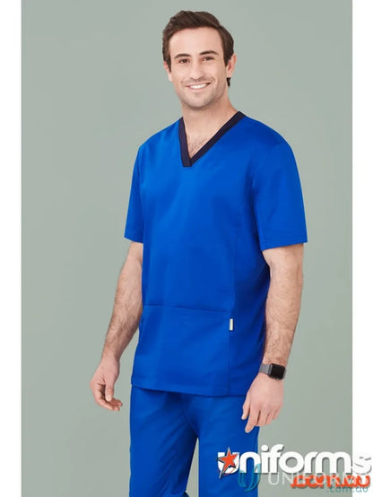 Blue Biz Riley V-Neck Scrub Top with stretch panels from Bizcare Men’s Riley collection