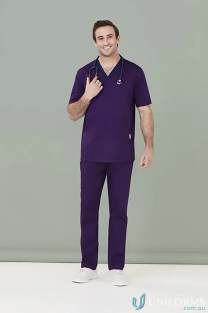 Purple Biz Riley V-Neck Scrub Top with stretch panels and stethoscope for men