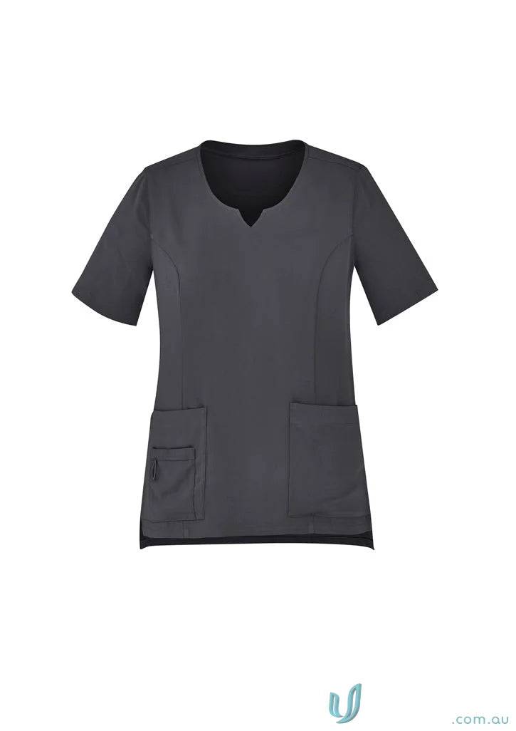 Gray Bizcare Avery Round Neck Scrub Top with pockets for women