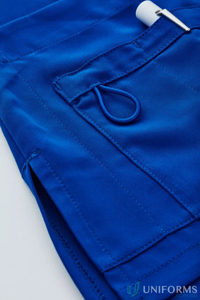 Blue cargo pants detail on Bizcare Avery Round Neck Scrub Top for women
