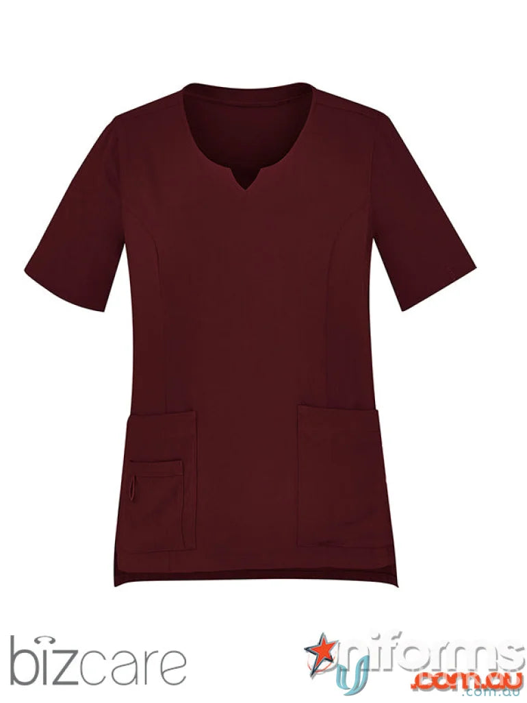 Maroon Bizcare Avery Round Neck Scrub Top with pockets for women