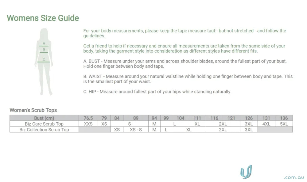 Women’s Avery Round Neck Scrub Top size guide for Bizcare Avery Round collection