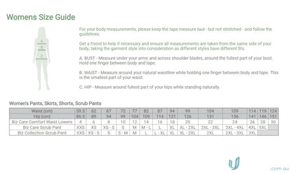 Women’s clothing size guide for Bizcare Avery Straight Leg Scrub Pant CSP944LL